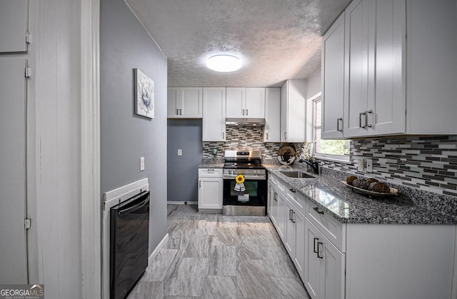 kitchen with tasteful backsplash, stainless steel range with electric cooktop, dark stone counters, under cabinet range hood, and a sink