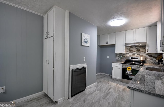 kitchen with dark stone countertops, a textured ceiling, stainless steel electric range oven, decorative backsplash, and under cabinet range hood