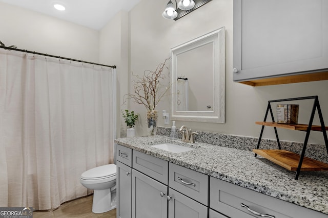 full bathroom with wood finished floors, vanity, toilet, and a shower with curtain