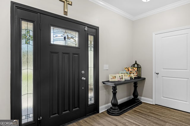 entryway featuring ornamental molding, baseboards, wood finished floors, and plenty of natural light