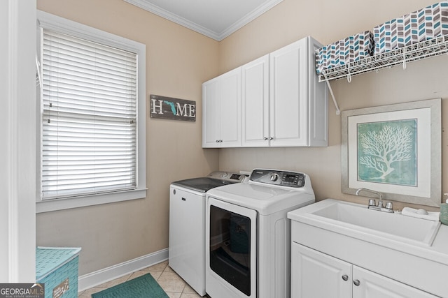 5841 Choctaw Ln, Braselton, GA 30517 - laundry area with light tile patterned floors, independent washer and dryer, a sink, cabinet space, and ornamental molding