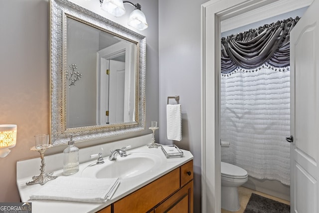 5841 Choctaw Ln, Braselton, GA 30517 - full bath featuring tile patterned floors, toilet, a shower with curtain, and vanity