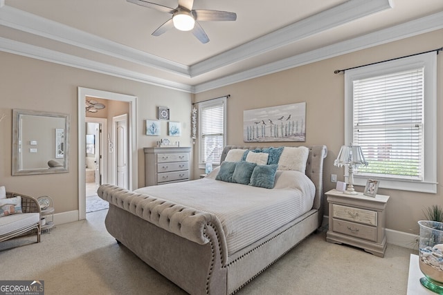 5841 Choctaw Ln, Braselton, GA 30517 - bedroom with ornamental molding, a raised ceiling, multiple windows, and light colored carpet