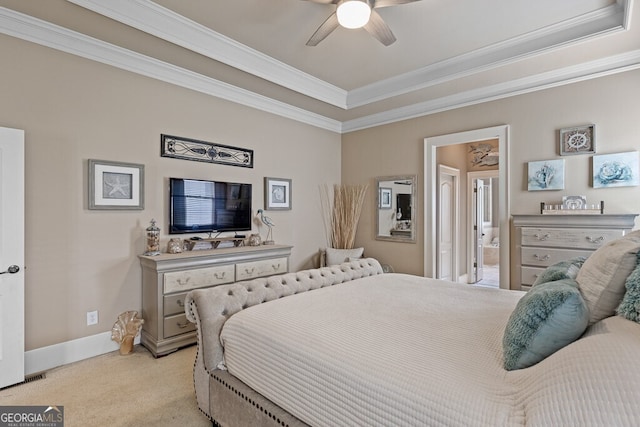 5841 Choctaw Ln, Braselton, GA 30517 - bedroom featuring crown molding, light colored carpet, a tray ceiling, baseboards, and a ceiling fan
