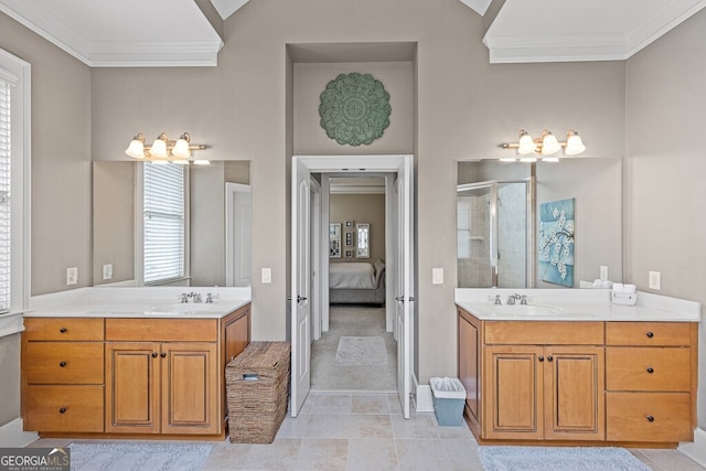 5841 Choctaw Ln, Braselton, GA 30517 - ensuite bathroom featuring two vanities, ornamental molding, ensuite bathroom, a sink, and a stall shower