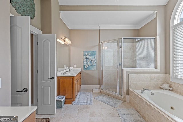 5841 Choctaw Ln, Braselton, GA 30517 - bathroom with tile patterned flooring, a shower stall, ornamental molding, vanity, and a garden tub