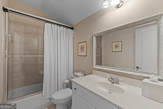 5841 Choctaw Ln, Braselton, GA 30517 - full bathroom featuring vaulted ceiling, shower / tub combo, toilet, and vanity