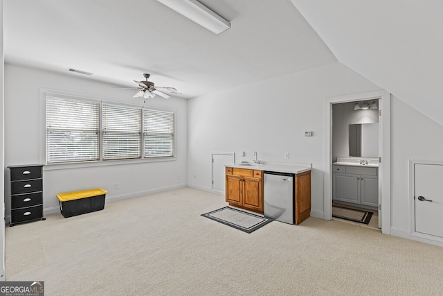 5841 Choctaw Ln, Braselton, GA 30517 - bar with a sink, a ceiling fan, visible vents, light carpet, and refrigerator