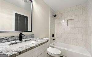 bathroom with vanity, toilet, and bathing tub / shower combination