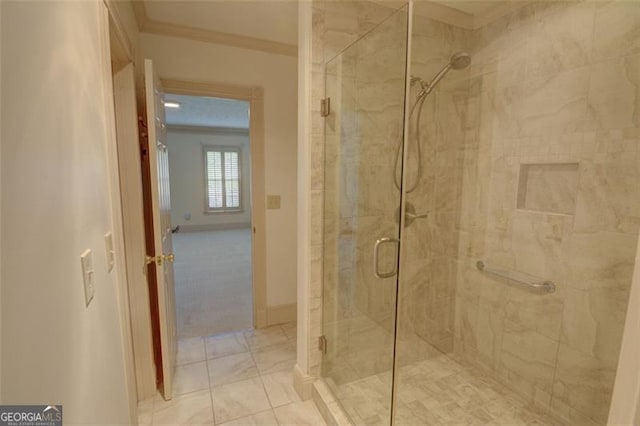 5208 Fox Hill Ct, Peachtree Corners, GA 30092 - full bathroom with ornamental molding and a shower stall