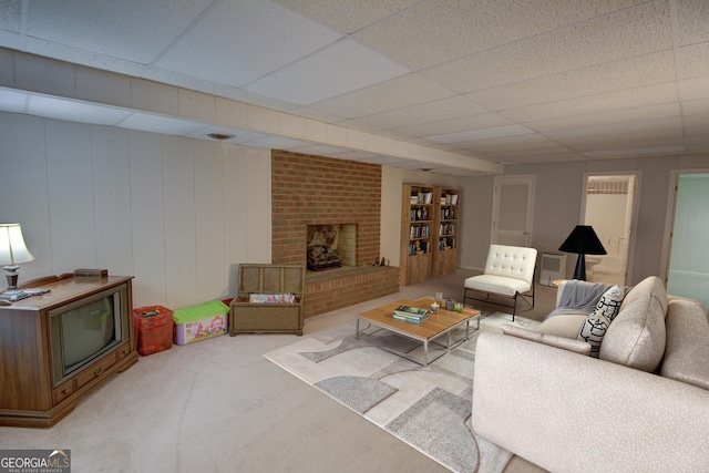 5208 Fox Hill Ct, Peachtree Corners, GA 30092 - carpeted living area with a paneled ceiling and a brick fireplace