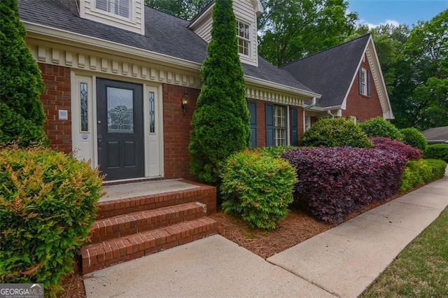 5208 Fox Hill Ct, Peachtree Corners, GA 30092 - view of exterior entry featuring brick siding and roof with shingles