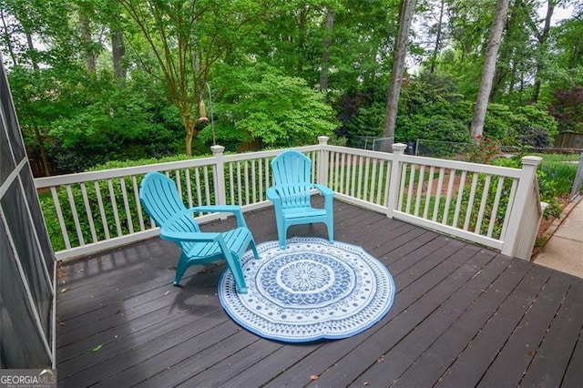 5208 Fox Hill Ct, Peachtree Corners, GA 30092 - wooden terrace with view of wooded area