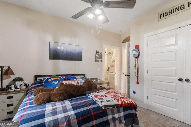 461 Preakness Way, Forsyth, GA 31029 - carpeted bedroom featuring a ceiling fan and ensuite bathroom