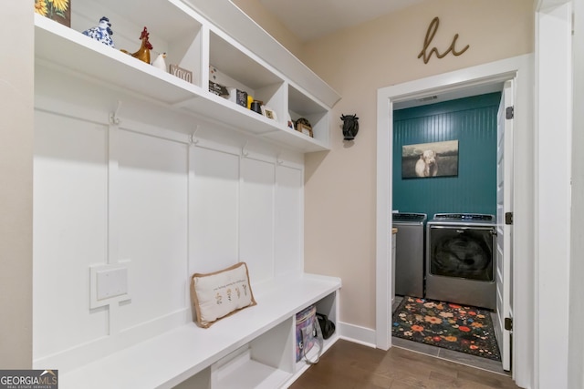 461 Preakness Way, Forsyth, GA 31029 - mudroom featuring separate washer and dryer and dark wood finished floors
