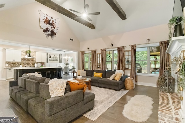 461 Preakness Way, Forsyth, GA 31029 - living room with high vaulted ceiling, beamed ceiling, and a ceiling fan