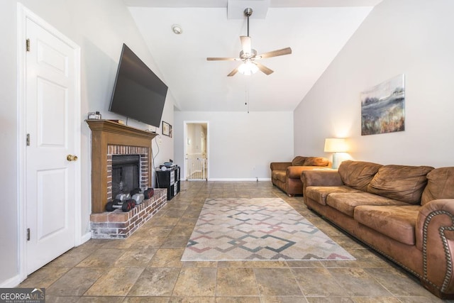 410 Steeplechase, Macon, GA 31204 - living area with a ceiling fan, baseboards, lofted ceiling, and stone finish flooring