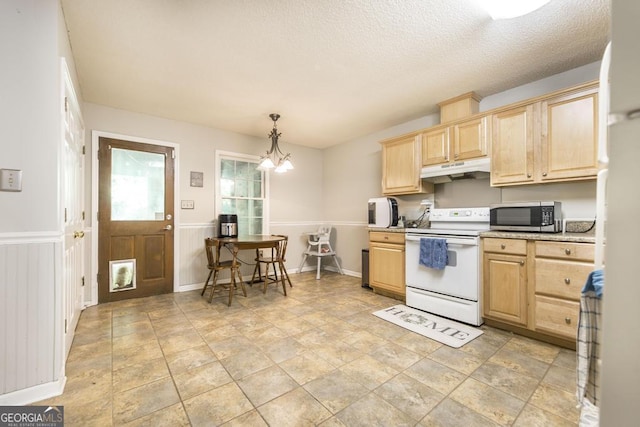 410 Steeplechase, Macon, GA 31204 - kitchen featuring stainless steel microwave, light brown cabinetry, electric range, light countertops, and a notable chandelier