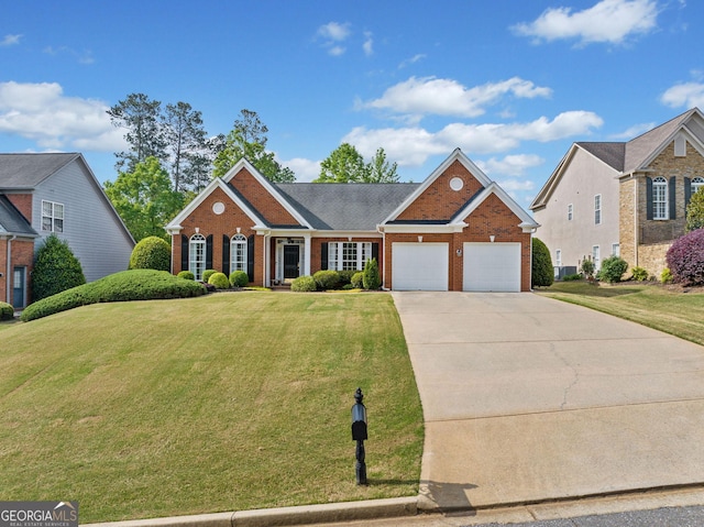 view of front of house featuring an attached garage, concrete driveway, a front lawn, and brick siding