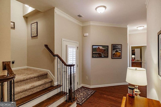 3262 Orchard Cir, Watkinsville, GA 30677 - entrance foyer with stairs, visible vents, baseboards, ornamental molding, and wood finished floors