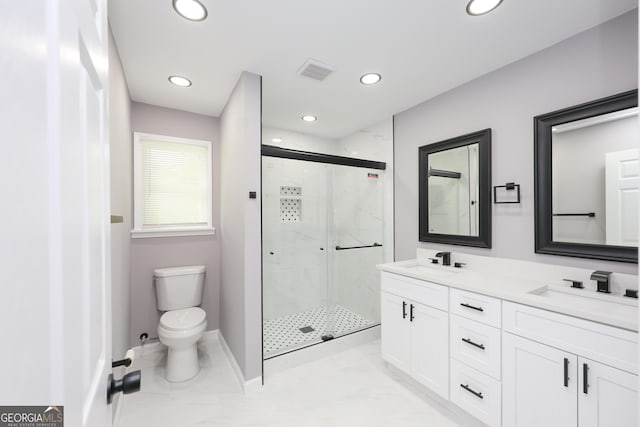 938 Motley St, Lagrange, GA 30241 - bathroom featuring a sink, visible vents, a marble finish shower, toilet, and recessed lighting