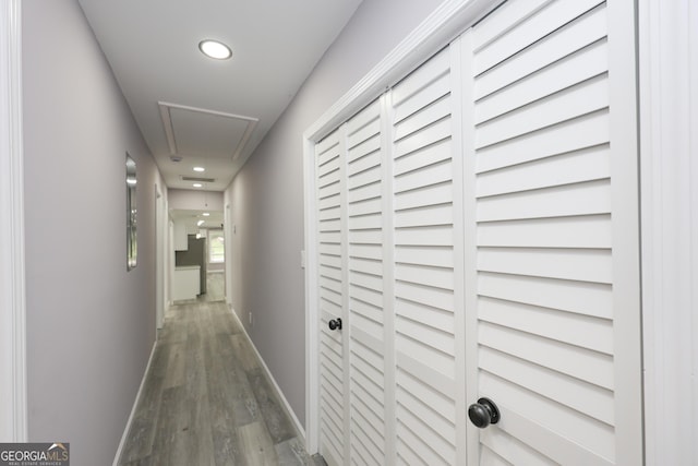 938 Motley St, Lagrange, GA 30241 - hallway with attic access, recessed lighting, dark wood-type flooring, and baseboards