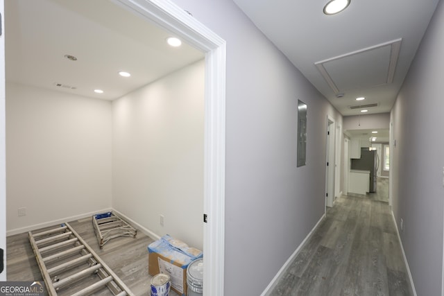 938 Motley St, Lagrange, GA 30241 - hall with attic access, wood finished floors, recessed lighting, and baseboards