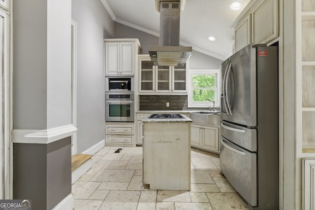 15635 US Highway 27 N, Hamilton, GA 31811 - kitchen featuring crown molding, stainless steel appliances, stone tile flooring, and island exhaust hood
