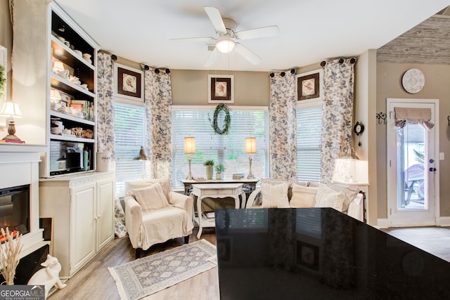 51 Norton Ave, Acworth, GA 30101 - dining area with wood finished floors, ceiling fan, and a glass covered fireplace