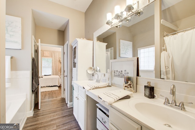 ensuite bathroom with wood finished floors, vanity, and a bath