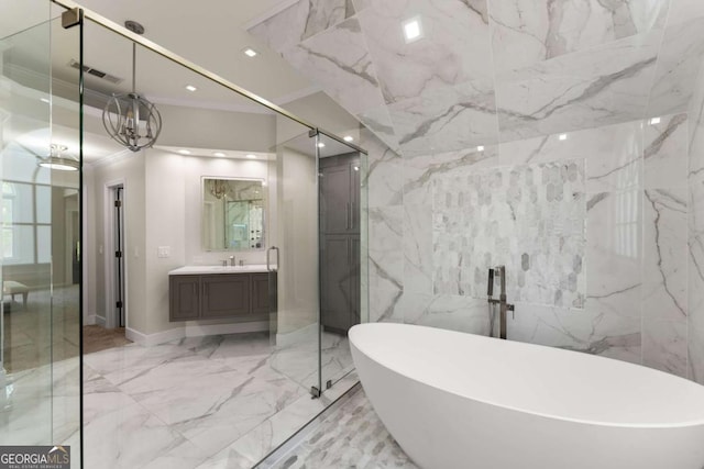 bathroom with crown molding, vanity, marble finish floor, a freestanding tub, and recessed lighting