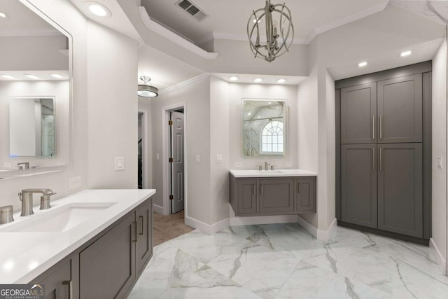 full bathroom with baseboards, visible vents, ornamental molding, and a sink