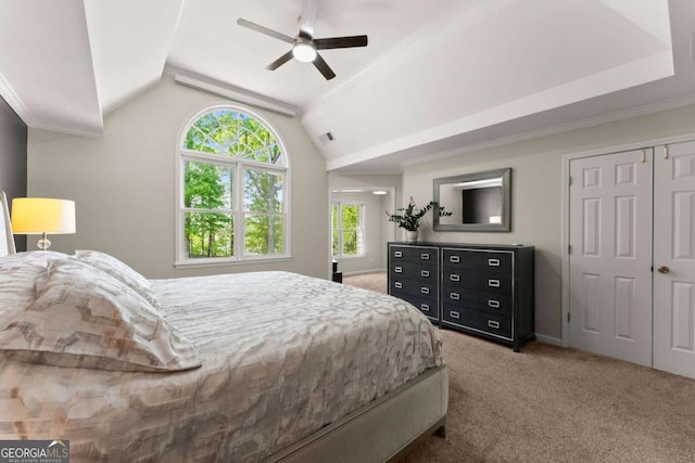 1900 Chattahoochee Run Dr, Suwanee, GA 30024 - carpeted bedroom with vaulted ceiling and a ceiling fan