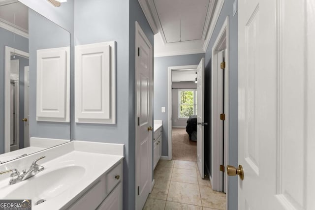 1900 Chattahoochee Run Dr, Suwanee, GA 30024 - bathroom with ornamental molding, vanity, baseboards, and tile patterned floors