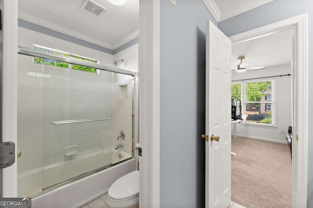 full bath with crown molding, toilet, visible vents, and enclosed tub / shower combo