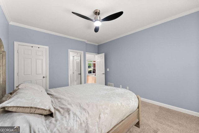 1900 Chattahoochee Run Dr, Suwanee, GA 30024 - bedroom with carpet, baseboards, crown molding, and ceiling fan