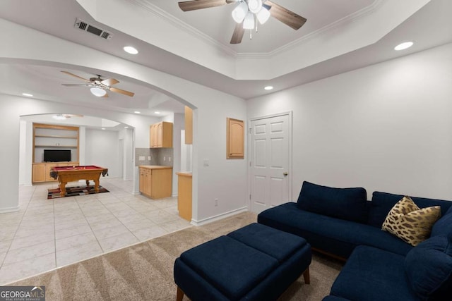 living area with pool table, arched walkways, ceiling fan, and visible vents