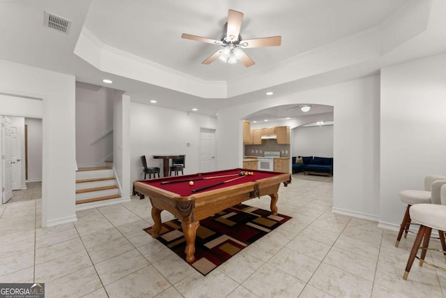 rec room with visible vents, recessed lighting, pool table, a tray ceiling, and arched walkways