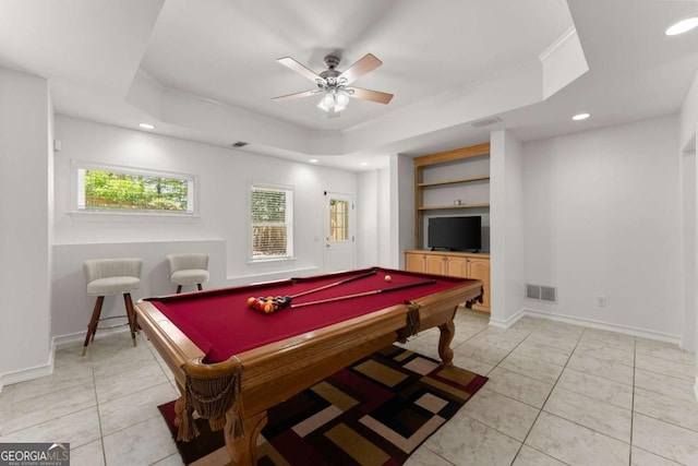 playroom with billiards, a tray ceiling, light tile patterned flooring, and visible vents