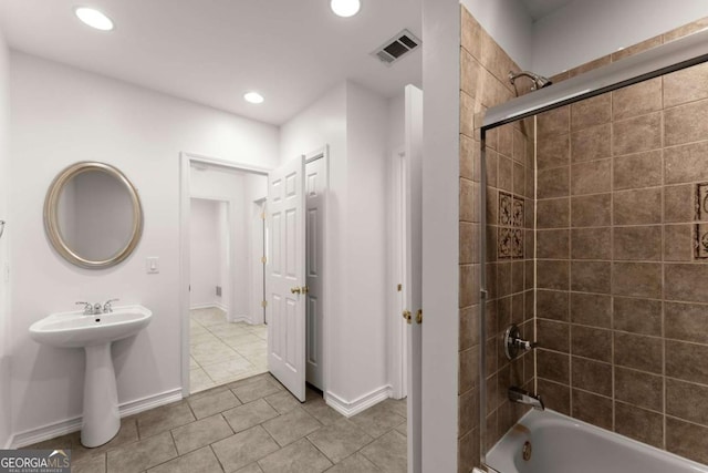 bathroom featuring visible vents, recessed lighting, tile patterned floors, and bathing tub / shower combination