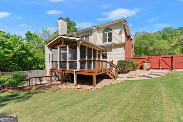 1900 Chattahoochee Run Dr, Suwanee, GA 30024 - rear view of house featuring a chimney, a sunroom, and a gate