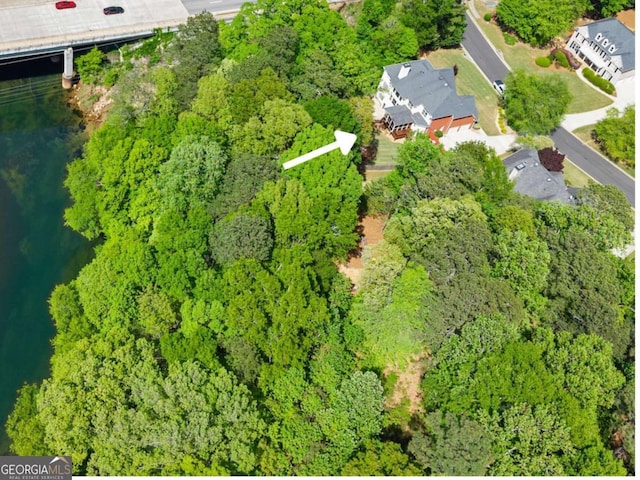 birds eye view of property featuring a water view and a forest view