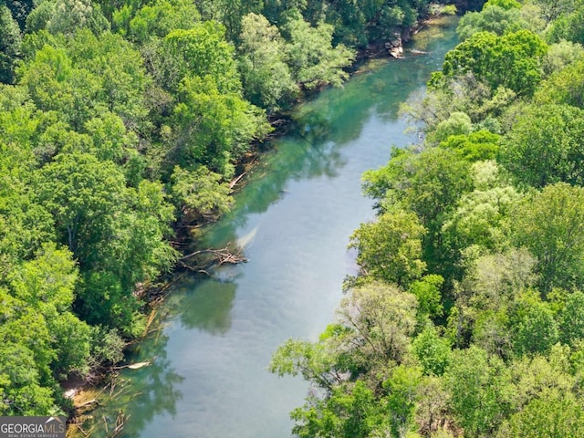 aerial view featuring a water view and a wooded view