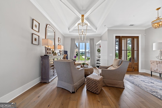 239 Lakeshore Cir, Milledgeville, GA 31061 - living area with baseboards, hardwood / wood-style flooring, a chandelier, and beamed ceiling