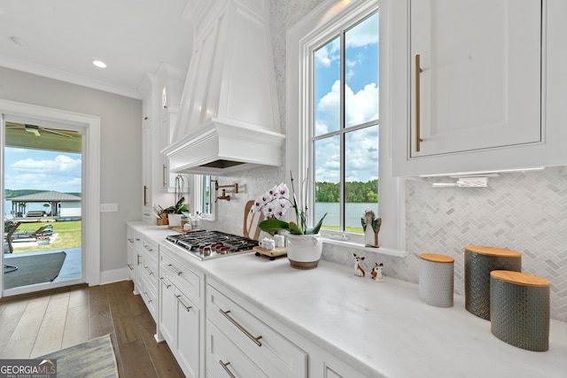 239 Lakeshore Cir, Milledgeville, GA 31061 - kitchen with white cabinets, stainless steel gas stovetop, plenty of natural light, light countertops, and custom exhaust hood