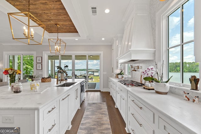 239 Lakeshore Cir, Milledgeville, GA 31061 - kitchen with a healthy amount of sunlight, an inviting chandelier, custom exhaust hood, stainless steel appliances, and a sink