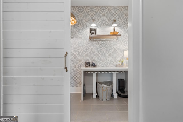239 Lakeshore Cir, Milledgeville, GA 31061 - kitchen featuring wallpapered walls, open shelves, tile patterned floors, and baseboards