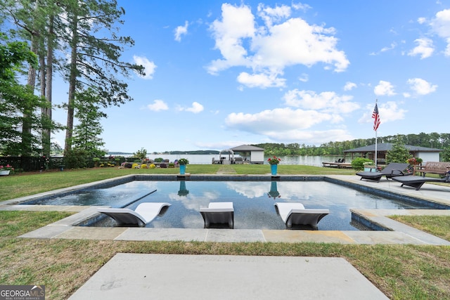 239 Lakeshore Cir, Milledgeville, GA 31061 - pool featuring a lawn, a patio, and a water view