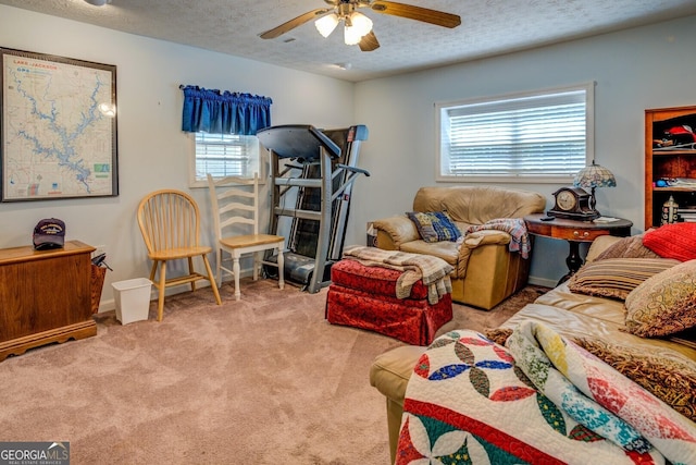 2000 Campbell Rd, Covington, GA 30014 - living room featuring plenty of natural light, a textured ceiling, a ceiling fan, and carpet flooring