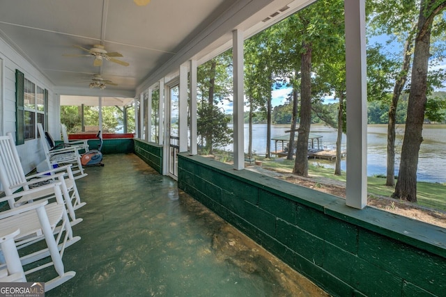 2000 Campbell Rd, Covington, GA 30014 - unfurnished sunroom with a water view and ceiling fan
